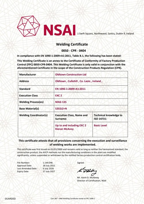 NSAI Welding Certificate issued to Oldtown Construction Ltd.